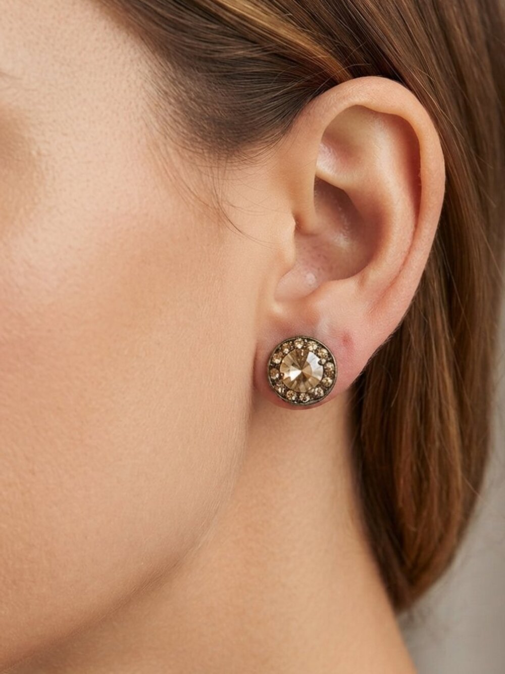 Vintage Fossil Champagne Crystal Halo Stud Earrings